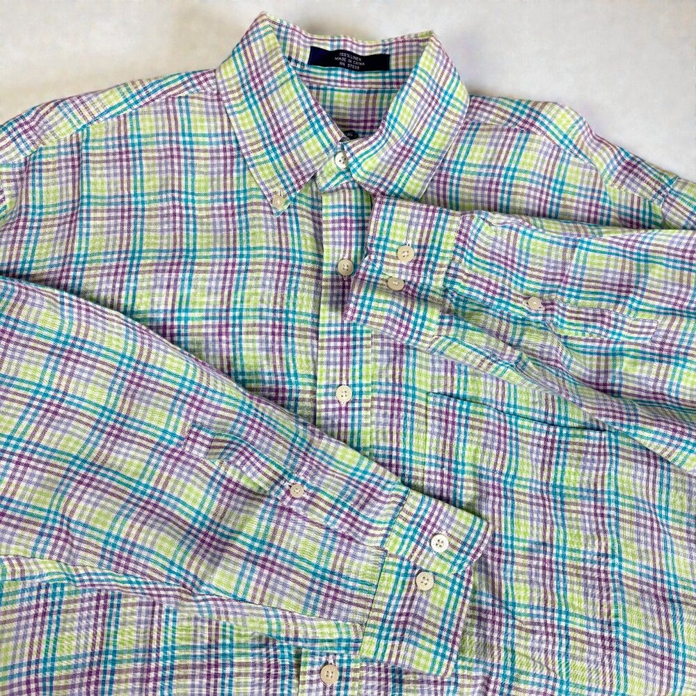 Alan Flusser Linen Button Down Shirt Mens Medium Plaid Long Sleeve Multicolor
